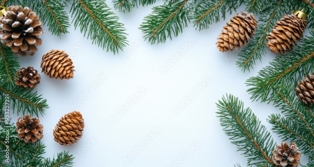 A festive arrangement of pinecones and evergreen branches for seasonal decoration in winter A festive arrangement of pinecones and evergreen branches for seasonal decoration in winter