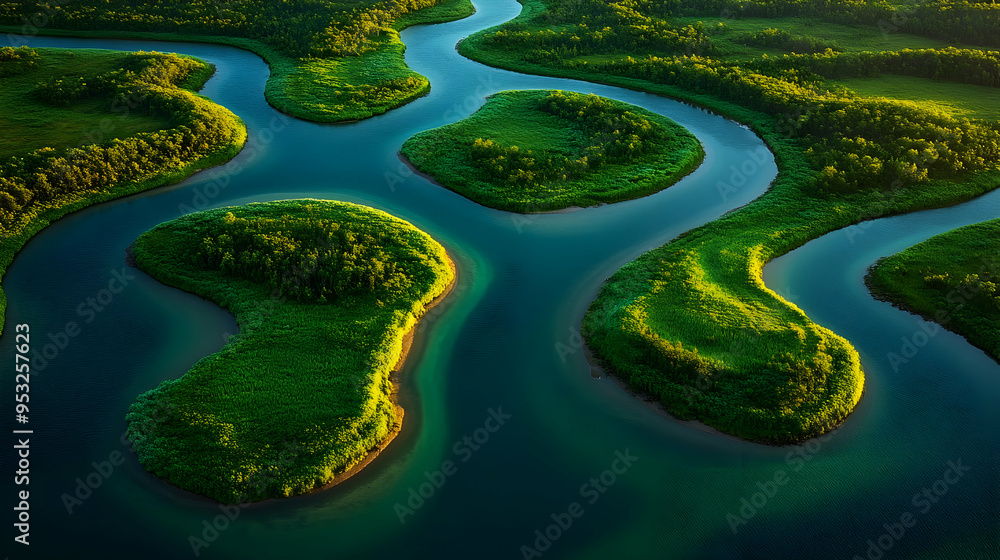 Aerial view of a winding river flowing through lush green islands. Aerial view of a winding river flowing through lush green islands.
