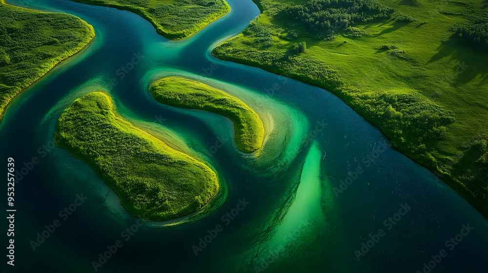 Aerial view of a winding river through lush green meadows, creating small islands. Aerial view of a winding river through lush green meadows, creating small islands.