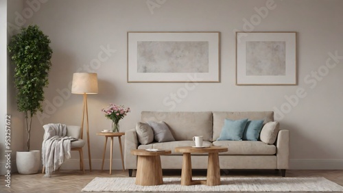 A modern living room with matching furniture theme set and decorative items 3d illustration. An empty wall and art frame mock-up template on the wall.