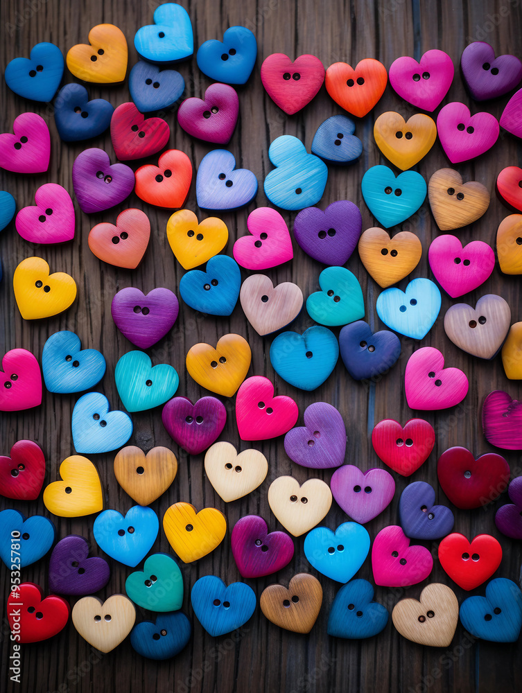 Heart-Shaped Buttons on Wooden Table Heart-Shaped Buttons on Wooden Table