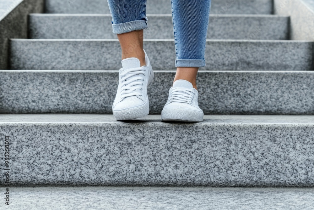 Casual Steps: Trendy White Sneakers and Denim Jeans on Concrete Stairs Capture Modern Urban Style Casual Steps: Trendy White Sneakers and Denim Jeans on Concrete Stairs Capture Modern Urban Style