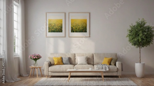 A modern living room with matching furniture theme set and decorative items 3d illustration. An empty wall and art frame mock-up template on the wall.