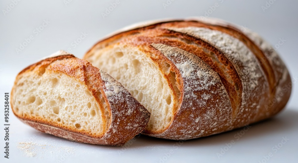 Freshly baked sourdough bread loaf with slices showing soft texture and crusty exterior Freshly baked sourdough bread loaf with slices showing soft texture and crusty exterior