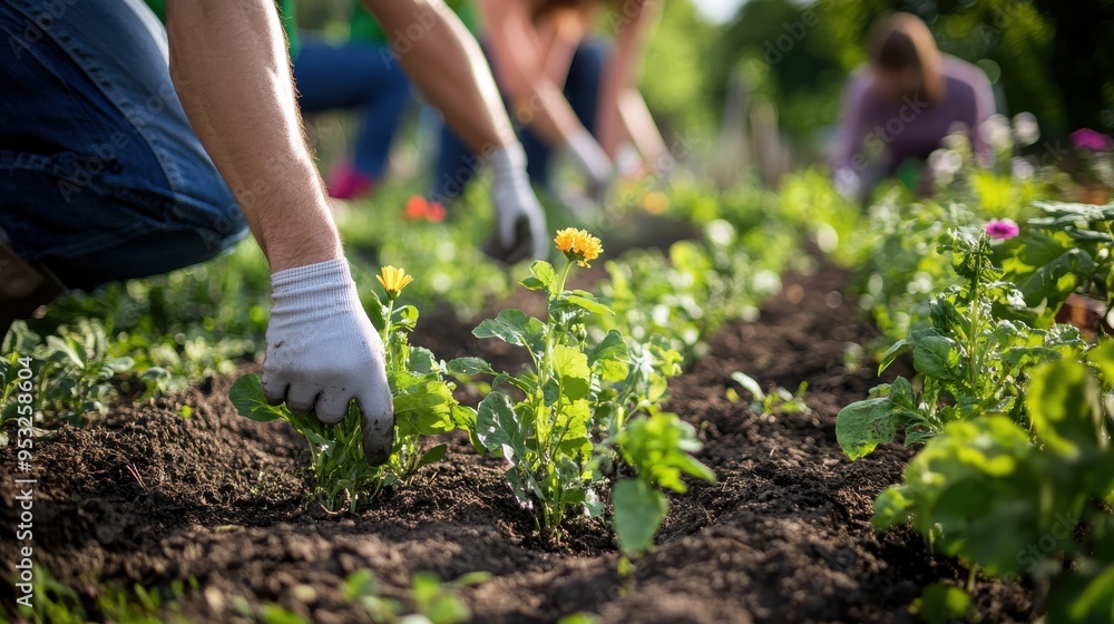 Fototapeta premium A community garden with people planting flowers together, symbolizing peace, growth, and cooperation 