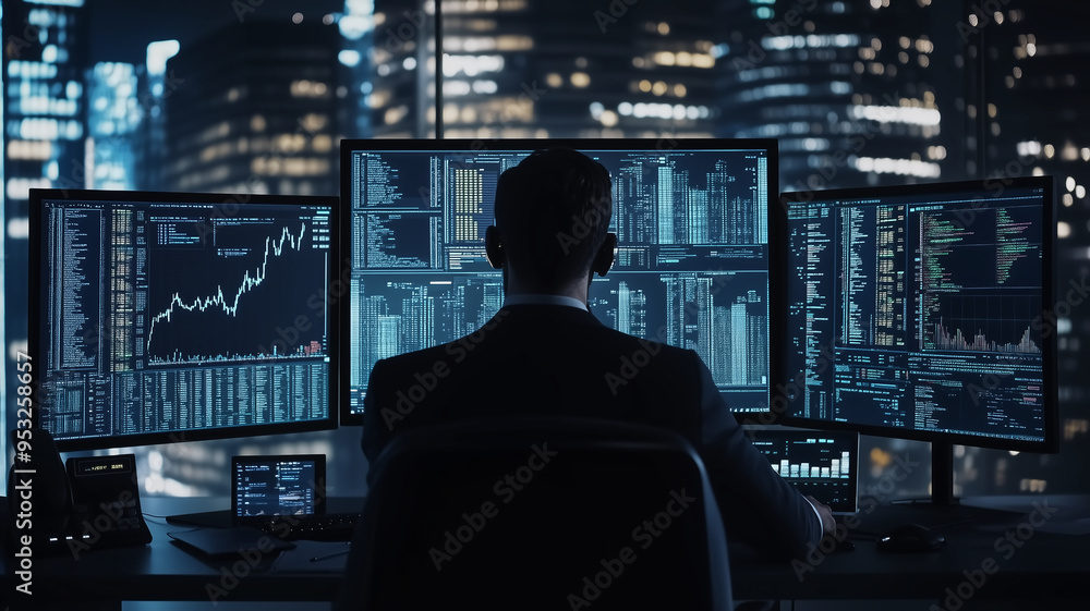 A financial analyst in a sleek office, using AI algorithms to pr A financial analyst in a sleek office, using AI algorithms to pr