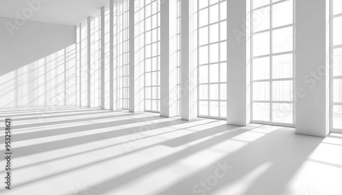 Modern Minimalist Interior with Sunlight Streaming Through Large Windows.