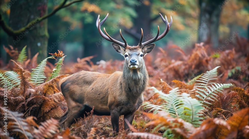 Obraz premium Red Deer Stag Between Ferns in Autumn Forest