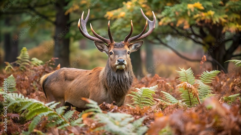 Obraz premium Red Deer Stag Between Ferns in Autumn Forest