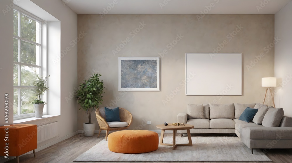Fototapeta premium High resolution interior design image of a room with white sofa, table, wall art frame mock up