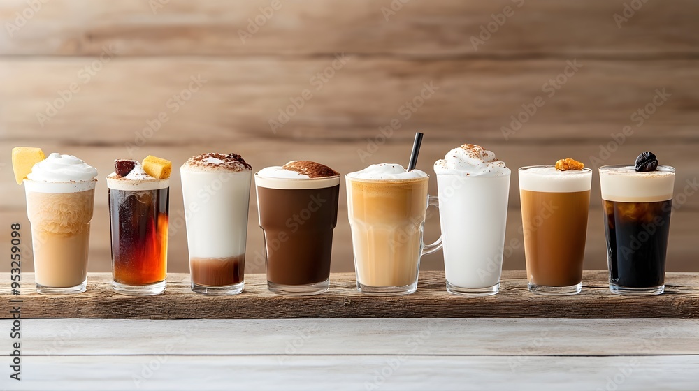 Assortment of Delectable Coffee Beverages Arranged on a Wooden Table Assortment of Delectable Coffee Beverages Arranged on a Wooden Table