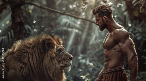 A man stands in front of a lion in a jungle