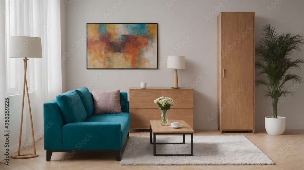 Fototapeta premium High resolution interior design image of a room with green sofa, table, wall art frame mock up 