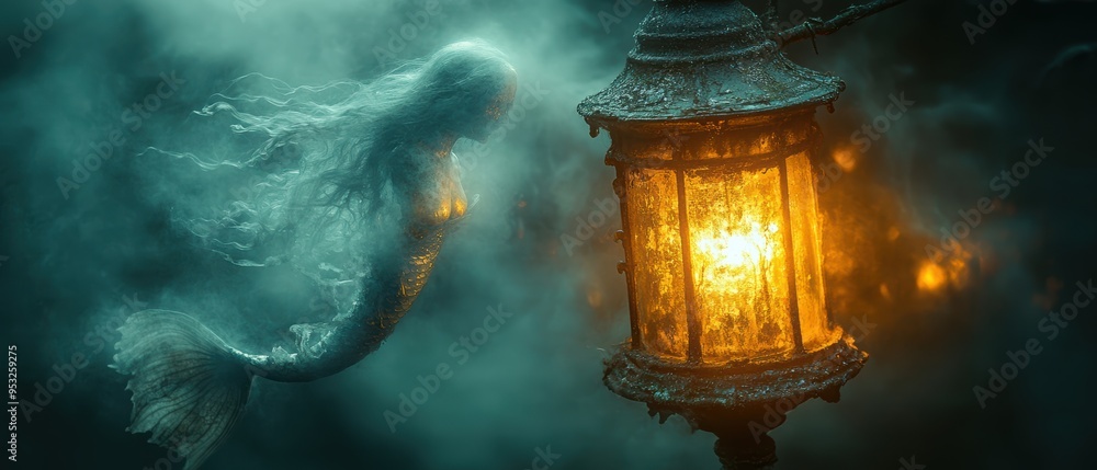 A haunting mermaid figure emerges from dense fog, illuminated by the eerie glow of a lantern, creating a mysterious, supernatural scene. A haunting mermaid figure emerges from dense fog, illuminated by the eerie glow of a lantern, creating a mysterious, supernatural scene.