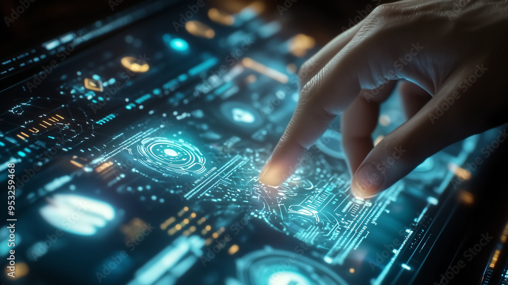 Close-up of a hand interacting with a holographic touchscreen, f Close-up of a hand interacting with a holographic touchscreen, f