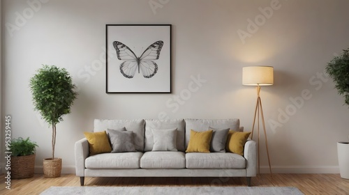 A modern living room with matching furniture theme set and decorative items 3d illustration. An empty wall and art frame mock-up template on the wall.