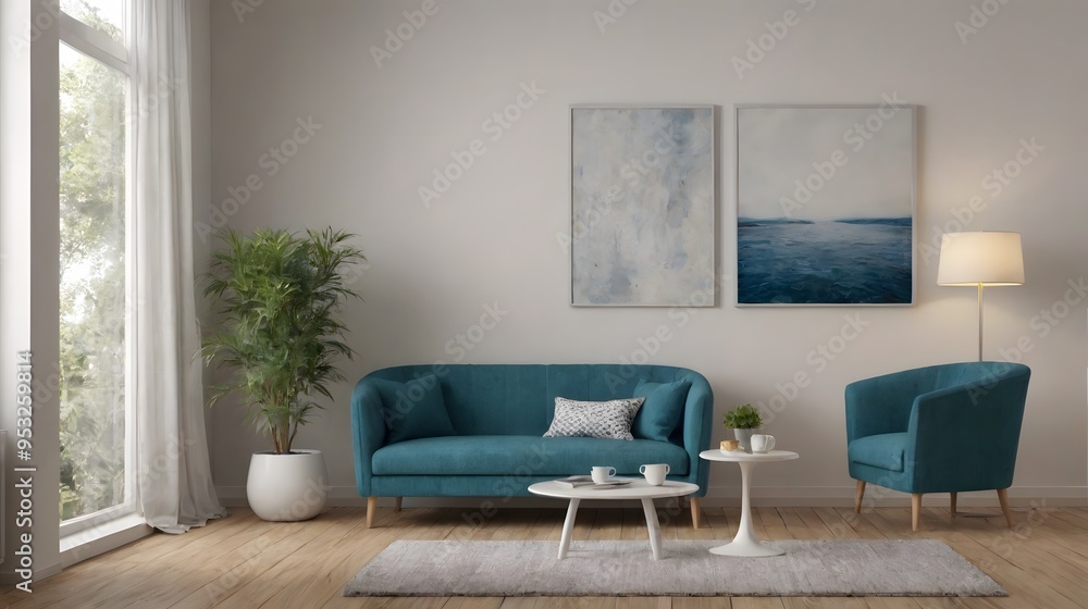 A modern living room with matching furniture theme set and decorative items 3d illustration. An empty wall and art frame mock-up template on the wall. A modern living room with matching furniture theme set and decorative items 3d illustration. An empty wall and art frame mock-up template on the wall.