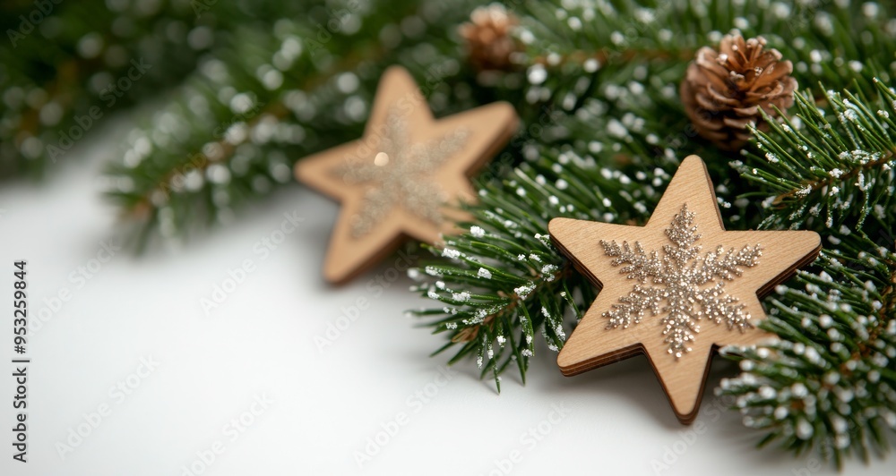 Decorative golden stars placed on a snowy pine branch during the winter season Decorative golden stars placed on a snowy pine branch during the winter season