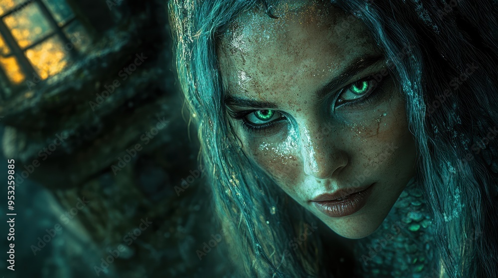 Close-up of a mysterious woman with glowing green eyes and wet hair ...