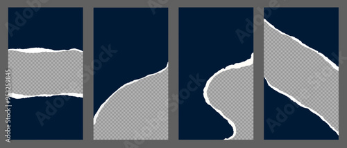 Set of isolated backgrounds with dark paper and torn piece. Blank page with uneven white edges. Template for text box, layout, collage, banner, photo. Vector illustration EPS10 1920, 1080