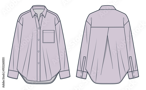 Oversize Shirt technical fashion Illustration. Classic Collar Shirt fashion flat technical drawing template, button, pocket, front and back view, lilac color, women, men, unisex CAD mockup.