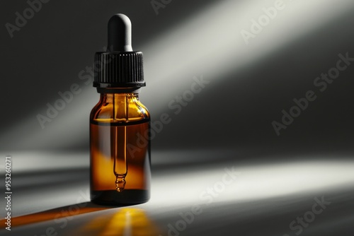 Dramatic Lighting on Amber Glass Dropper Bottle with Shadow Play