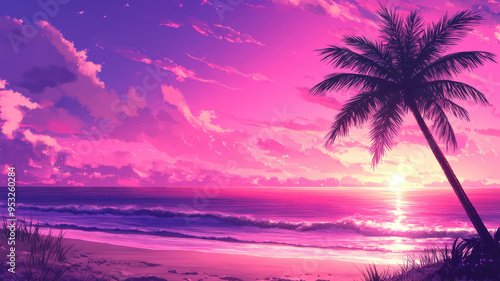 a beach scene with a pink and purple sky and a palm tree. anime background, highly detailed image
