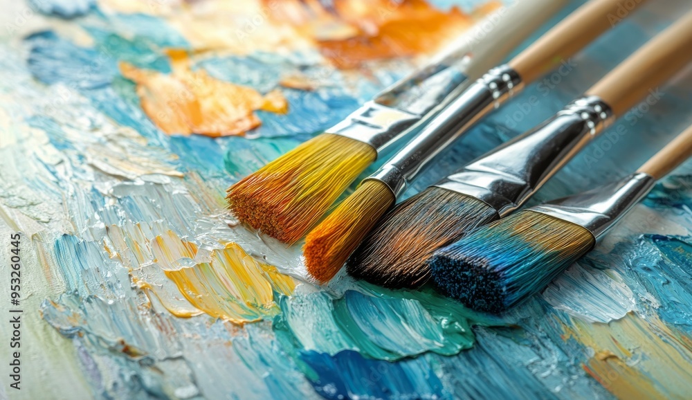 Fototapeta premium A close-up of paintbrushes resting on a vibrant palette of mixed acrylic colors