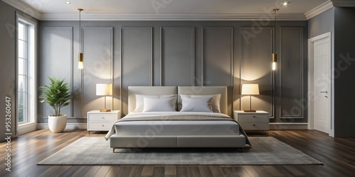 luxurious minimalist white bedroom with sleek tall-legged bed frame and nightstands under warm softbox lighting against crisp gray walls and dark hardwood floors