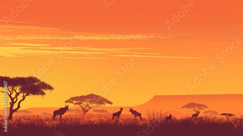 Astract background, clean and neat, desert, africa, african animals silhouette, kenyan landscape, poster background photo