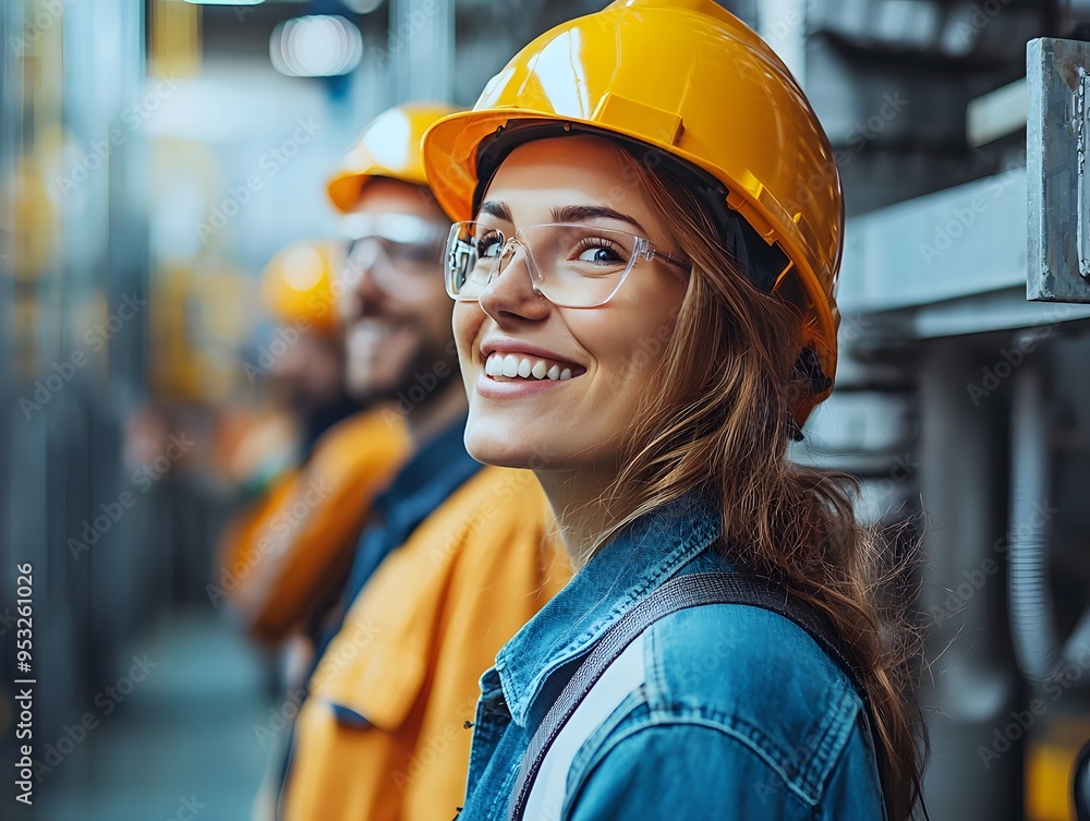Smiling Female Engineer in Hard Hat and Safety Glasses on Factory Floor Smiling Female Engineer in Hard Hat and Safety Glasses on Factory Floor