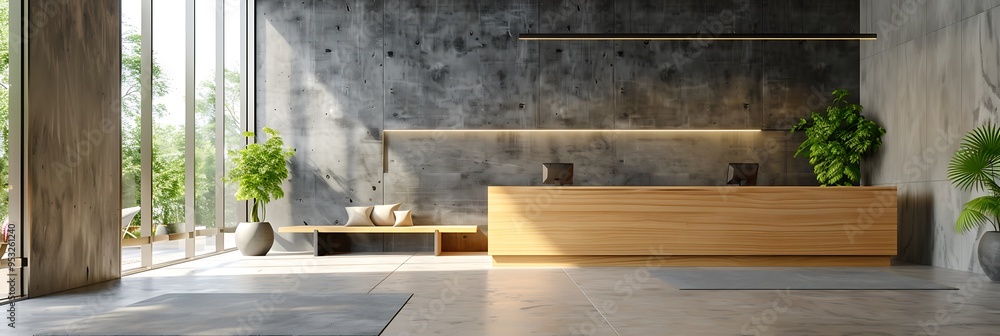 Modern lobby with a wooden reception desk, minimalist design, gray stone walls, and large windows, Modern lobby with a wooden reception desk, minimalist design, gray stone walls, and large windows,