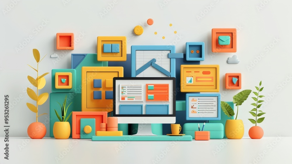 Colorful Abstract Desktop with Computer and Geometric Shapes. Colorful Abstract Desktop with Computer and Geometric Shapes.