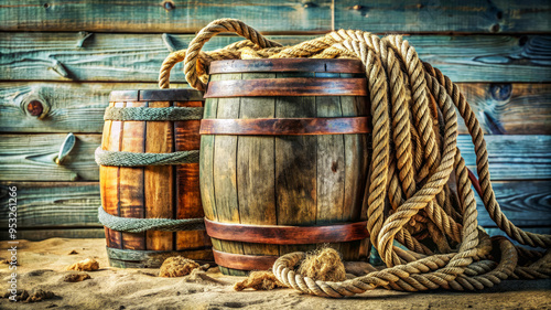 Rustic Wooden Barrels With Rope On Blue Wooden Background. photo