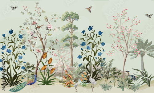 Traditional mughal garden, flower and birds, watercolor background. photo