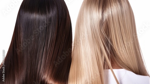 Two women with long hair, one with dark hair and the other with blonde hair