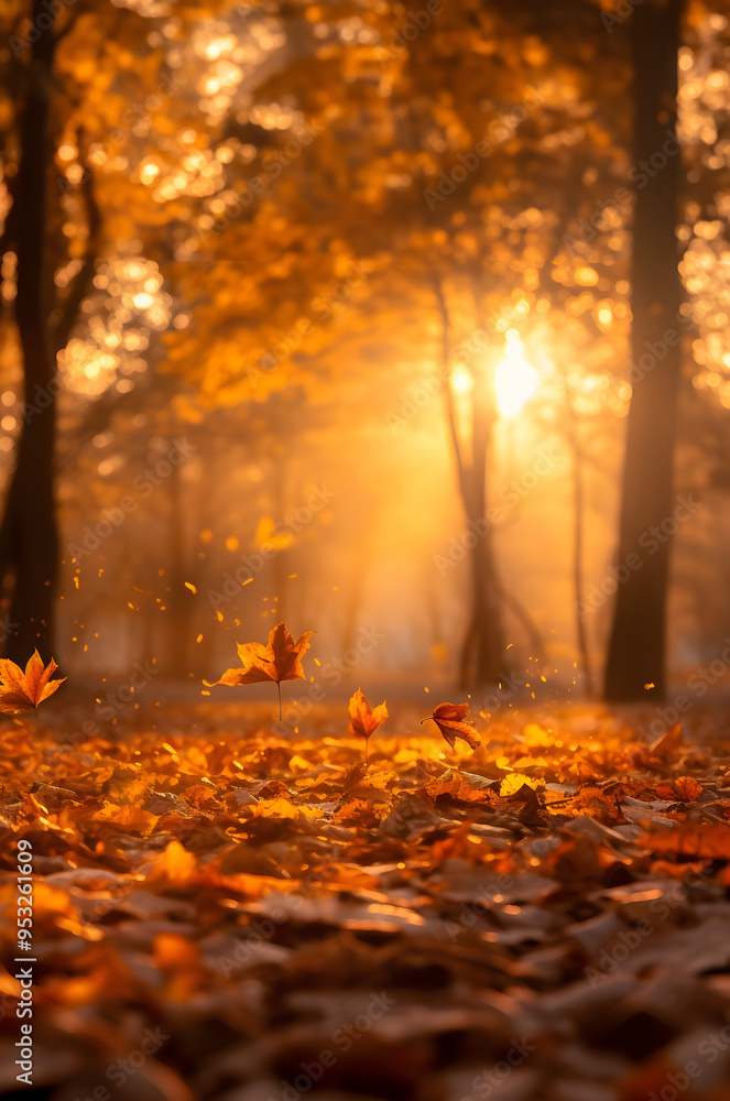 Orange and yellow autumn leaves falling to the ground in the forest with sunset. Orange and yellow autumn leaves falling to the ground in the forest with sunset.