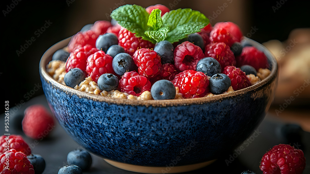 Blue bowl of oatmeal topped with raspberries and blueberries. Blue bowl of oatmeal topped with raspberries and blueberries.