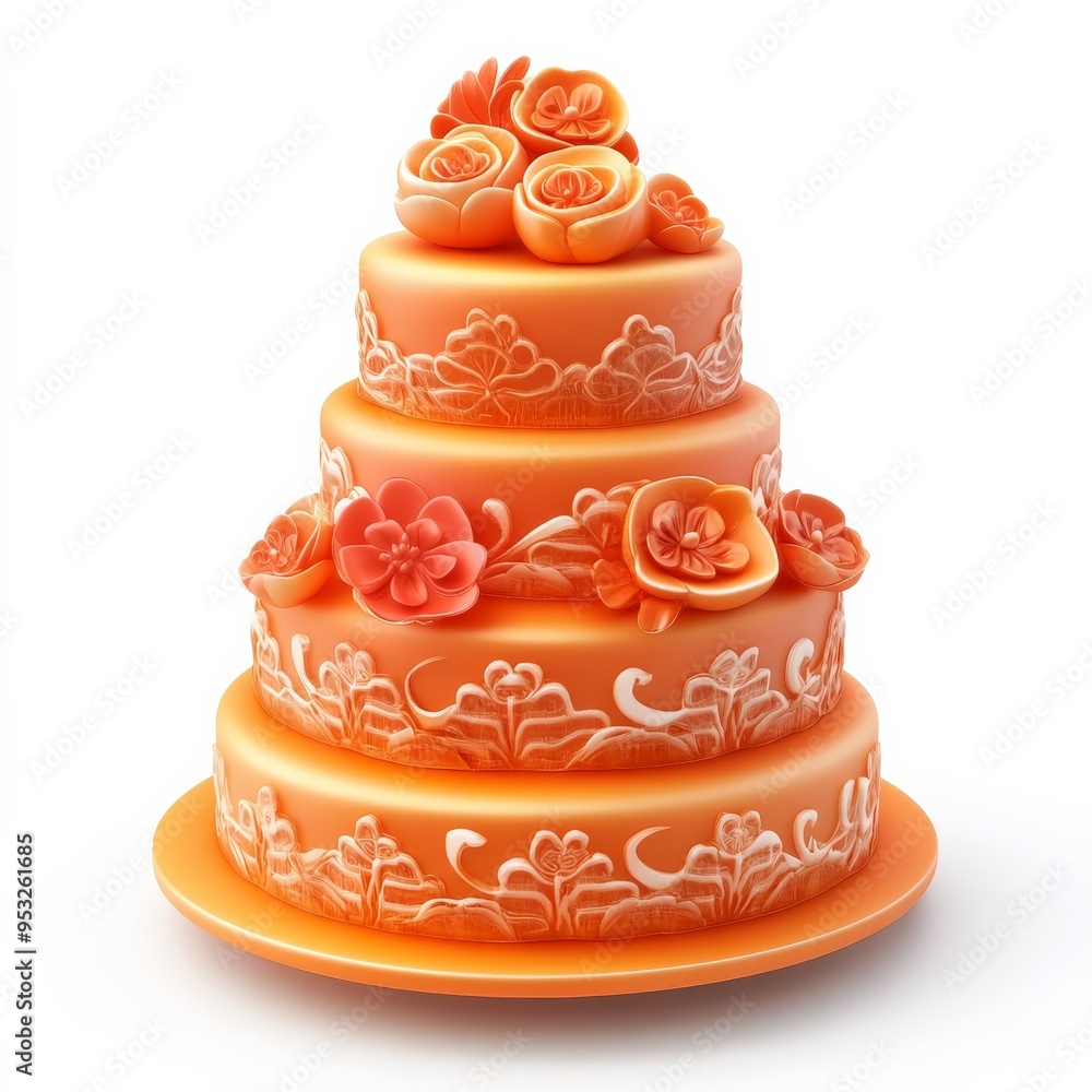 Orange Wedding Cake with Floral Decorations. Orange Wedding Cake with Floral Decorations.
