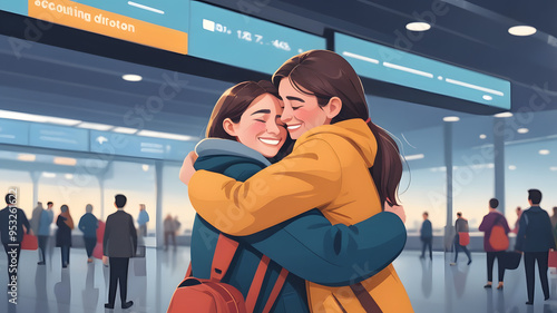 Family Embrace in Airport Arrival, Heartfelt Moment of Reunion photo