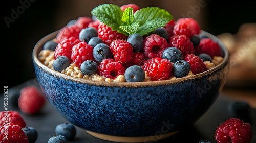 Blue bowl of oatmeal topped...