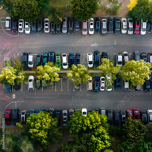 Aerial view of a parking lot with cars parked in rows and trees, providing a sense of order and organization photo