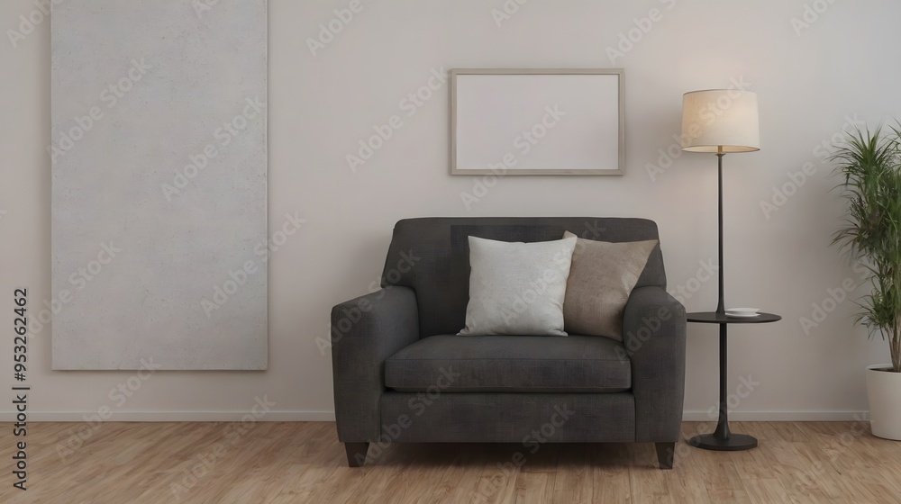 Fototapeta premium A modern living room with matching furniture theme set and decorative items 3d illustration. An empty wall and art frame mock-up template on the wall.