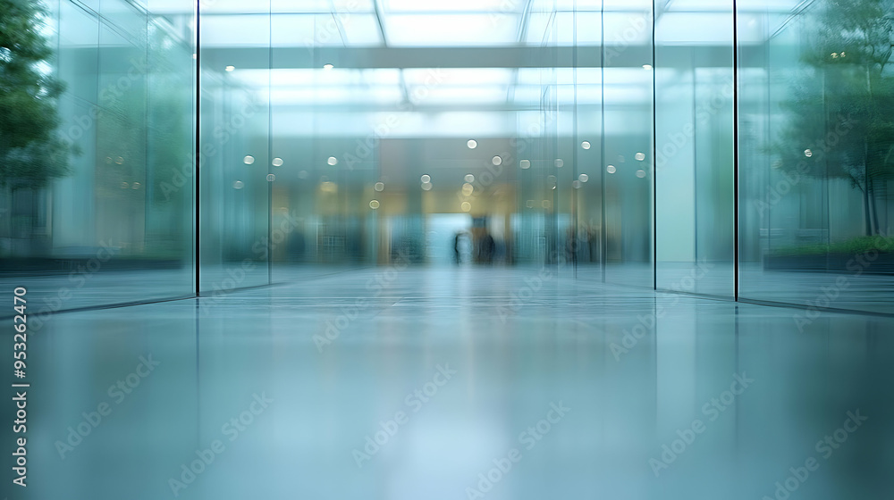 Blurred view of an office hallway with glass walls and a tiled floor. Blurred view of an office hallway with glass walls and a tiled floor.