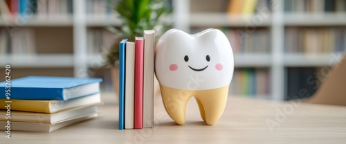 A Cute Tooth Character Carrying Books In The Library