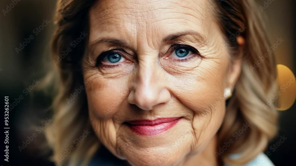 Close up portrait showcasing a senior woman with blue eyes, smiling and radiating happiness. Her expression reflects joy, optimism, and contentment, highlighting the beauty of aging Close up portrait showcasing a senior woman with blue eyes, smiling and radiating happiness. Her expression reflects joy, optimism, and contentment, highlighting the beauty of aging
