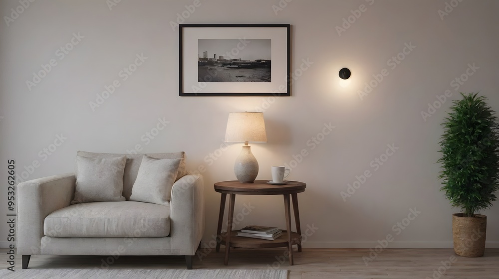 A modern living room with matching furniture theme set and decorative items 3d illustration. An empty wall and art frame mock-up template on the wall. A modern living room with matching furniture theme set and decorative items 3d illustration. An empty wall and art frame mock-up template on the wall.