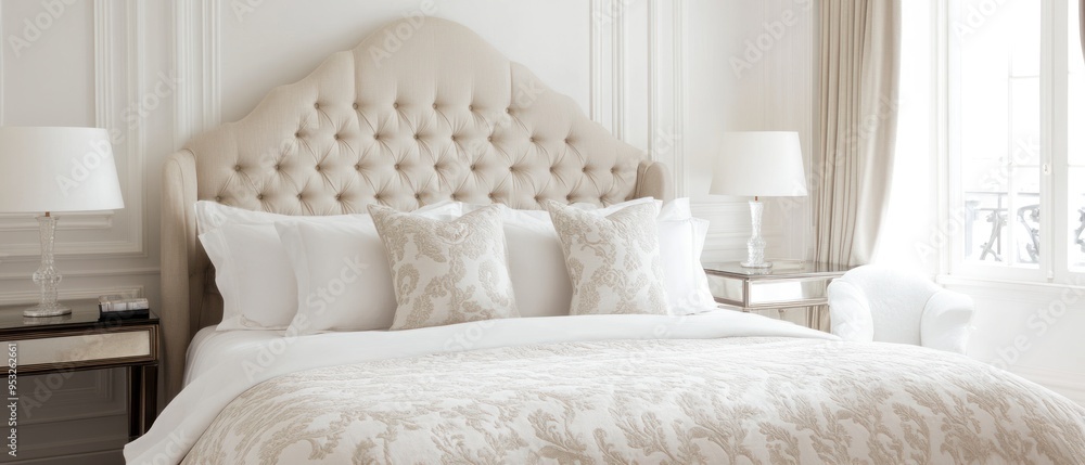 A Luxurious Bedroom with a Tufted Headboard and Patterned Bedding A Luxurious Bedroom with a Tufted Headboard and Patterned Bedding