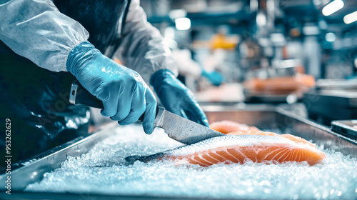 A dedicated worker clad in protective gear meticulously cuts fish using an electric fillet knife, highlighting craftsmanship in a dynamic industrial setting photo