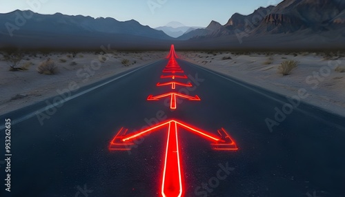 Red neon glowing arrows on the asphalt road passing through the desert with mountains. Straight ahead way concept, path to success direction, business career future guidance,journey to the destination